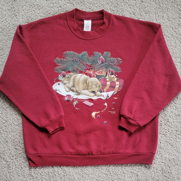 American Vintage Tops - American Vintage | CottageCore Christmas puppy red crewneck sweater | WMS M